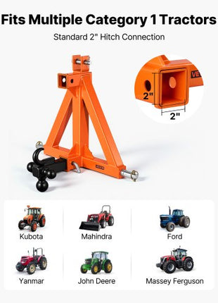 3 Point Trailer Hitch with 2" Receiver, 3 Pt Quick Hitch with 3 Trailer Balls, Tractor Tow Drawbar Adapter for Category 1, Kubota, Mahindra, Ford, Yanmar, John Deere, Massey Ferguson, Orange