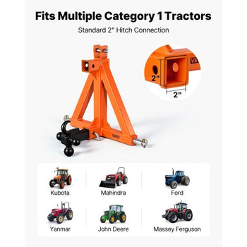 3 Point Trailer Hitch with 2" Receiver, 3 Pt Quick Hitch with 3 Trailer Balls, Tractor Tow Drawbar Adapter for Category 1, Kubota, Mahindra, Ford, Yanmar, John Deere, Massey Ferguson, Orange