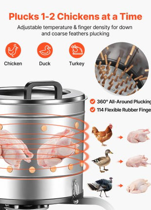 Chicken Plucker Machine, 15.7 in Drum, 550W & 275RPM Electric Chicken Plucking Machine with 114 Soft Fingers & Transport Wheels, Stainless Steel Feather Remover for Processing 1-2 Chicks Once