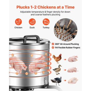 Chicken Plucker Machine, 15.7 in Drum, 550W & 275RPM Electric Chicken Plucking Machine with 114 Soft Fingers & Transport Wheels, Stainless Steel Feather Remover for Processing 1-2 Chicks Once