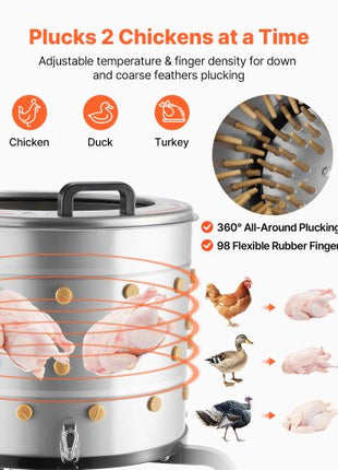 Chicken Plucker Machine, 19.7 in Drum, 750W & 275RPM Electric Chicken Plucking Machine with 98 Soft Fingers & Transport Wheels, Stainless Steel Feather Remover for Processing 2 Chicks Once