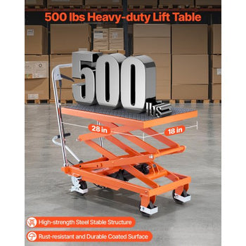 Hydraulic Lift Table, 500 lbs Capacity, 47.2" Lifting Height, Double Scissor Lift Table Cart with 4 Wheels and Non-slip Pad, Manual Hydraulic Lifting Cart for Material Handling & Transportation
