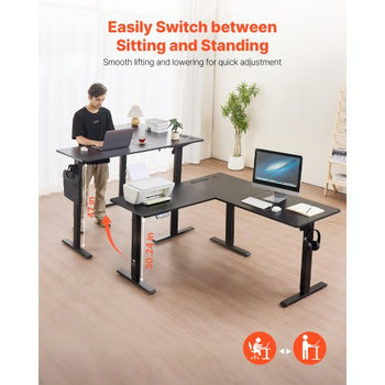 L Shaped Desk, Electric Adjustable Height Corner Gaming Desk with Dual Hooks and Wheels, Heavy Duty Carbon Steel L-Shaped Computer Table with Power Strip for Home Office, Easy to Assemble, Black