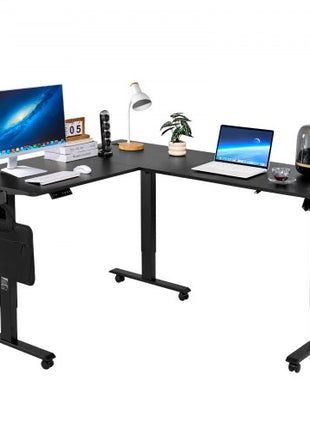 L Shaped Desk, Electric Adjustable Height Corner Gaming Desk with Dual Hooks and Wheels, Heavy Duty Carbon Steel L-Shaped Computer Table with Power Strip for Home Office, Easy to Assemble, Black