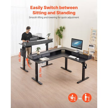 L Shaped Desk, Electric Adjustable Height Corner Gaming Desk with CPU Stands, Dual Hooks and Fabric Drawers, L-Shaped Computer Table with Power Strip for Home Office, Easy to Assemble, Black
