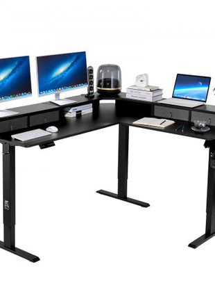L Shaped Desk, Electric Adjustable Height Corner Gaming Desk with CPU Stands, Dual Hooks and Fabric Drawers, L-Shaped Computer Table with Power Strip for Home Office, Easy to Assemble, Black