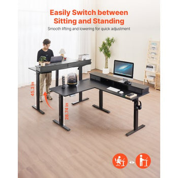 L Shaped Desk, Electric Adjustable Height Corner Gaming Desk with CPU Stand, Dual Hooks and Fabric Drawers, L-Shaped Computer Table with Light Strip for Home Office, Easy to Assemble, Black