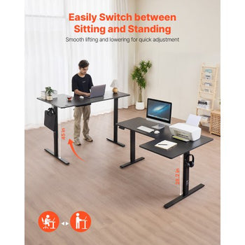 L Shaped Desk, Electric Adjustable Height Corner Gaming Desk with Dual Hooks, Heavy Duty Carbon Steel L-Shaped Computer Table with Power Strip for Home, Office, Dorm, Easy to Assemble, Black