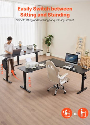 L Shaped Desk, Electric Adjustable Height Corner Gaming Desk with Dual Hooks, Heavy Duty Carbon Steel L-Shaped Computer Table with Power Outlets for Home, Office, Study, Easy to Assemble, Black