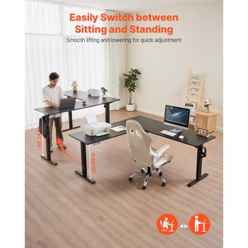 L Shaped Desk, Electric Adjustable Height Corner Gaming Desk with Dual Hooks, Heavy Duty Carbon Steel L-Shaped Computer Table with Power Outlets for Home, Office, Study, Easy to Assemble, Black