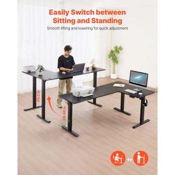 L Shaped Desk, Electric Adjustable Height Corner Gaming Desk with Dual Hooks, Heavy Duty Carbon Steel L-Shaped Computer Table with Power Outlets for Home and Office, Easy to Assemble, Black