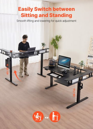 L Shaped Desk, Electric Adjustable Height Corner Gaming Desk with Keyboard Tray and Dual Hooks, Heavy Duty L-Shaped Computer Table with Light Strip for Home Office, Easy to Assemble, Black