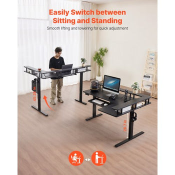 L Shaped Desk, Electric Adjustable Height Corner Gaming Desk with Keyboard Tray and Dual Hooks, Heavy Duty L-Shaped Computer Table with Light Strip for Home Office, Easy to Assemble, Black