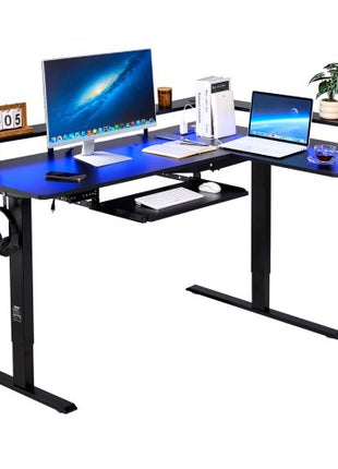 L Shaped Desk, Electric Adjustable Height Corner Gaming Desk with Keyboard Tray and Dual Hooks, Heavy Duty L-Shaped Computer Table with Light Strip for Home Office, Easy to Assemble, Black