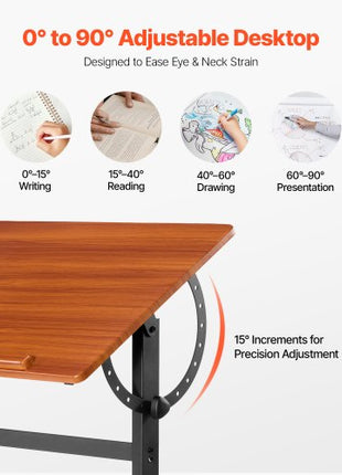 Drafting Table, Adjustable 0°90° Tilt Drawing Desk, Portable Artist Table with Black H-Frame and Brown Desktop, Wooden Painting Desk Craft Workstation for Reading, Writing, Crafting, Meeting