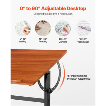 Drafting Table, Adjustable 0°90° Tilt Drawing Desk, Portable Artist Table with Black H-Frame and Brown Desktop, Wooden Painting Desk Craft Workstation for Reading, Writing, Crafting, Meeting