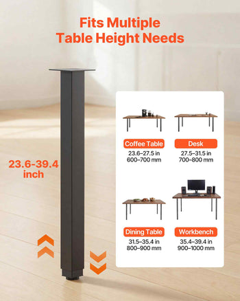 Adjustable Table Legs, 24-40 in Square Steel Furniture Legs, 1200 lbs Max Load Heavy Duty, Quick Installation, Ideal for Home Office Desk DIY, Coffee Dinner Bar Tables, Workbenches, 4 PCS, Black