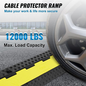 5-Piece Rubber Cable Guard, Dual Channel, 12000 lbs per Axle Load Capacity, Durable Hose & Wire Protection Ramp for Driveways, with Easy Access Top & 50 ft Caution Tape for Both Indoor & Outd