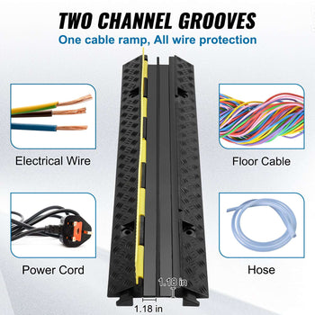 Black two-channel cable ramp with yellow edging, designed for electrical wires and floor cables, measuring 1.18 inches wide.