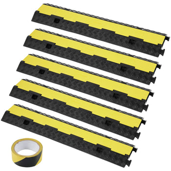 Black and yellow rubber cable ramps, 6 pieces, lightweight and durable, perfect for protecting cables in outdoor settings.
