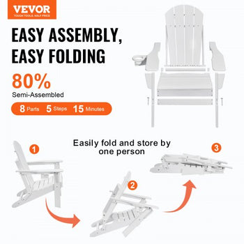 Adirondack Chair Plastic, Set of 2 All-Weather Portable Folding Fire Pit Chair, Outdoor Adirondack Patio Chair with Cup Holder, with Relaxing Arm Rest Ergonomic, for Garden, Backyard - White