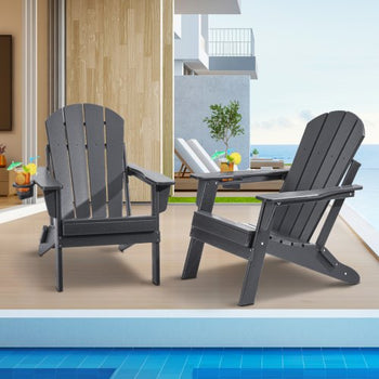 Adirondack Chair Plastic, Set of 2 All-Weather Portable Folding Fire Pit Chair, Outdoor Adirondack Patio Chair with Cup Holder, with Relaxing Arm Rest Ergonomic, for Garden, Backyard - Gray