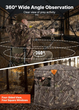 Hunting Blind, 2-3 Person See Through Ground Blinds with Carrying Bag, 360 Degree Portable Camouflage Tent, Durable Concealed Shelter with Silent Side Door and Window, for Turkey and Deer