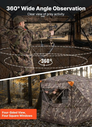 Hunting Blind, 4-5 Person See Through Ground Blinds with Carrying Bag, 360 Degree Portable Camouflage Tent, Durable Concealed Shelter with Silent Zipper Door and Window, for Turkey and Deer
