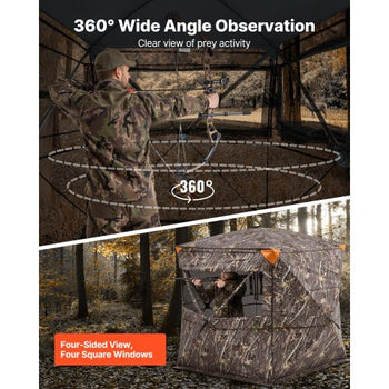 Hunting Blind, 4-5 Person See Through Ground Blinds with Carrying Bag, 360 Degree Portable Camouflage Tent, Durable Concealed Shelter with Silent Zipper Door and Window, for Turkey and Deer