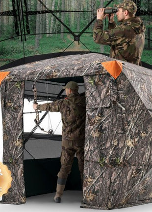 Hunting Blind, 4-5 Person See Through Ground Blinds with Carrying Bag, 270 Degree Portable Camouflage Tent, Durable Concealed Shelter with Silent Magnetic Door and Window, for Turkey and Deer