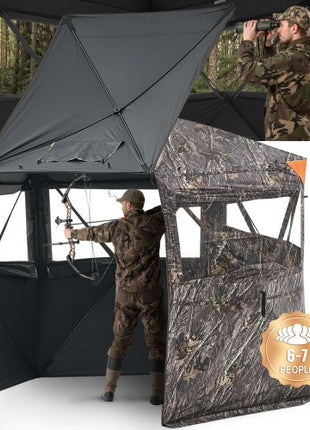 Hunting Blind, 6-7 Person Ground Blinds with Carrying Bag, Portable Camouflage Tent, Reinforced Durable Concealed Shelter with Silent Zipper Door and Window, for Turkey and Deer