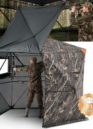 Hunting Blind, 6-7 Person, 288 Degree 5 Side See-Through Ground Blinds with Carrying Bag, Portable Camouflage Tent, Durable Concealed Shelter with Silent Zipper Door and Window, for Turkey Deer