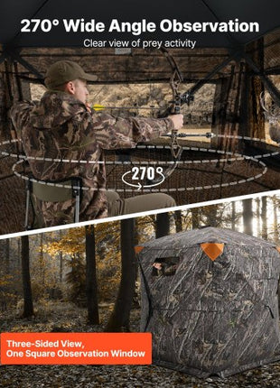 Hunting Blind, 270° See Through Ground Blind, 1-2 Person Pop Up Deer Blind for Hunting with Carrying Bag, Portable Resilient Hunting Tent, One-Way See-Through Mesh for Turkey and Deer Hunting