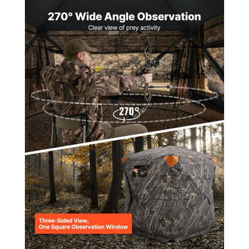Hunting Blind, 270° See Through Ground Blind, 1-2 Person Pop Up Deer Blind for Hunting with Carrying Bag, Portable Resilient Hunting Tent, One-Way See-Through Mesh for Turkey and Deer Hunting