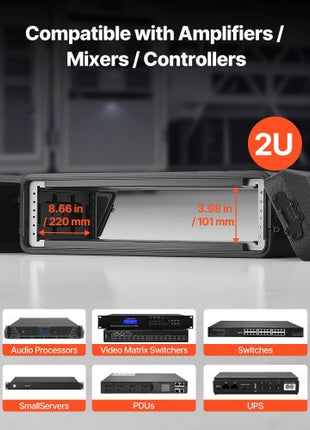 2U Rack Case, 12 in Depth, Rackmount Flight Case Shallow Rack with Microphone Compartment, Polyethylene Construction, Recessed Latches, Easy Installation, for Amplifier, 8.7 in Internal Depth