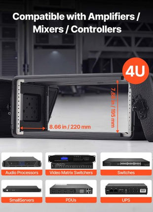 4U Rack Case, 12 in Depth, Rackmount Flight Case Shallow Rack with Microphone Compartment, Polyethylene Construction, Recessed Latches, Easy Installation, for Amplifier, 8.7 in Internal Depth