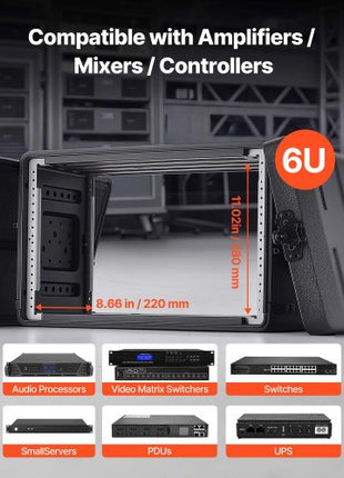 6U Rack Case, 12 in Depth, Rackmount Flight Case Shallow Rack with Microphone Compartment, Polyethylene Construction, Recessed Latches, Easy Installation, for Amplifier, 8.7 in Internal Depth