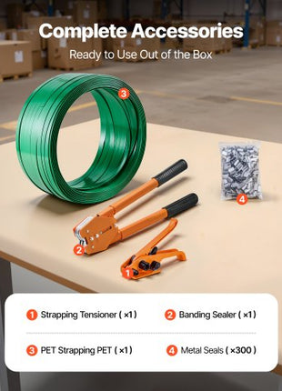 Banding Strapping Kit, Heavy Duty Banding Sealer Tool with 1000 ft Length PET Band, 300 Metal Seals, Plastic Manual Pallet Packaging Strapping Kit for Warehouse/Shipping/Moving/Home, Orange