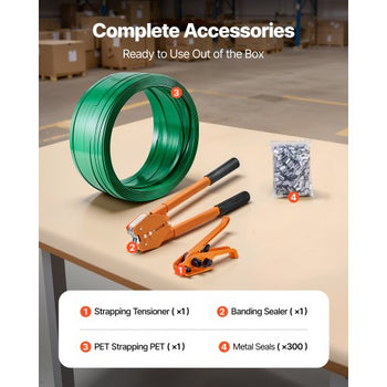 Banding Strapping Kit, Heavy Duty Banding Sealer Tool with 1000 ft Length PET Band, 300 Metal Seals, Plastic Manual Pallet Packaging Strapping Kit for Warehouse/Shipping/Moving/Home, Orange