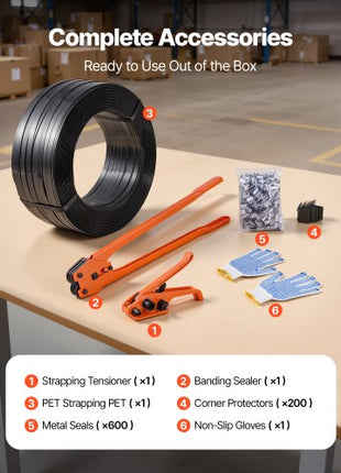 Banding Strapping Kit, Heavy Duty Banding Sealer Tool with 2000 ft PET Band, 600 Metal Seals, 200 Corner Protectors, Plastic Pallet Packaging Strapping Kit for Warehouse, Transportation, Home