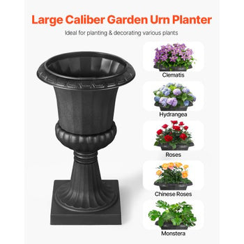 Plastic Urn Planters, 15.8 x 26.4 Inch, 2 Pack Black Classic Flower Pots Front Porch Planters, Indoor & Outdoor Vase for Wedding, Party, Event, Home, Stage, Garden, Balcony, Patio Decoration