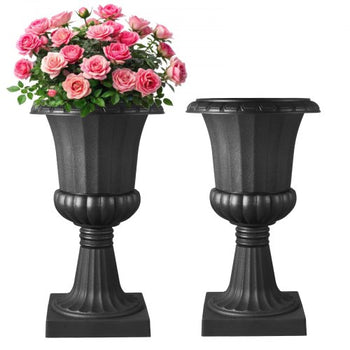 Plastic Urn Planters, 15.8 x 26.4 Inch, 2 Pack Black Classic Flower Pots Front Porch Planters, Indoor & Outdoor Vase for Wedding, Party, Event, Home, Stage, Garden, Balcony, Patio Decoration