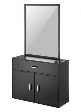 Salon Organizer, Wall-Hanging Unit for Hairdressers, Complete with 3 Holders, Mirror, Dual-Door Storage, and Single Drawer, Black