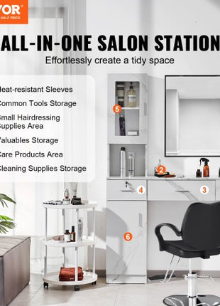 Salon Workstation, Wall-Mounted Unit for Hair Professionals, Spa Styling Storage Solution, Includes 1 Cabinet, 3 Shelves, 2 Drawers (1 with Lock), in White