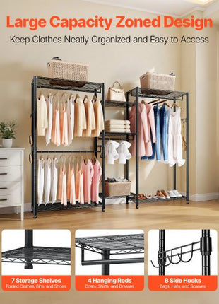 Clothing Garment Rack, Heavy Duty Closet Wardrobe, 7 Adjustable Tiers Clothes Racks with Steel Frame, 850 lbs Load Capacity Clothes Rack with 4 Hanging Rods for Bedroom, Clothing Store, Hallway
