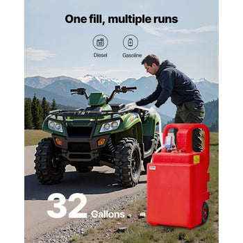 Fuel Caddy, 32 Gallon, Portable Fuel Tank with 12V DC 2.5 GPM Electric Fuel Transfer Pump, 4 ft Delivery Hose & Auto-Stop Sensor Nozzle, Tank Adapters, Suitable for Diesel & Gasoline, Red