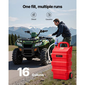 Fuel Caddy, 16 Gallon, Portable Fuel Tank with 12V DC 2.5 GPM Electric Fuel Transfer Pump, 4 ft Delivery Hose & Auto-Stop Sensor Nozzle, Tank Adapters, Suitable for Diesel & Gasoline, Red