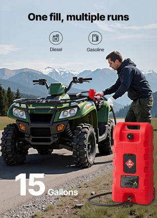 Fuel Caddy, 15 Gallon, Portable Fuel Tank with Gravity & Hand Pump Modes, Fuel Tank Container with Wheels, 10 ft Delivery Hose & Manual Pump, Gas Caddy for Motorboats, ATVs, Gasoline & Diesel