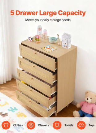 5 Drawer Rattan Dresser, Modern Closet Dresser for Bedroom, Natural Rattan Chest of Drawers with Metal Handles & Wooden Legs, Chest Clothing Organizer & Storage for Bedroom, Living Room, Hallway