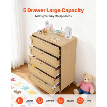 5 Drawer Rattan Dresser, Modern Closet Dresser for Bedroom, Natural Rattan Chest of Drawers with Metal Handles & Wooden Legs, Chest Clothing Organizer & Storage for Bedroom, Living Room, Hallway